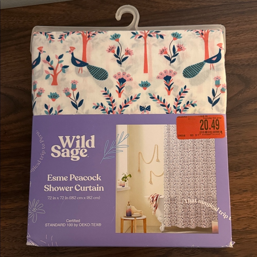 Wild Sage Esme Peacock Shower Curtain - White with Teal & Coral Peacock Print